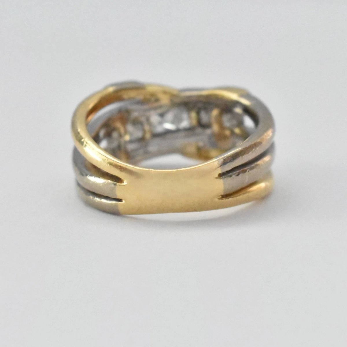 Vintage Yellow & White 18ct Gold 6 Stone Square Cut Diamond Crossover Ring-photo-3