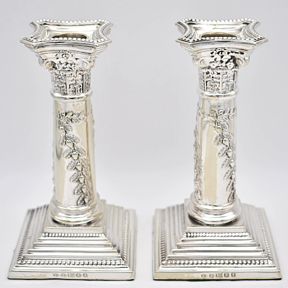Pair Of Edwardian Corinthian Column Silver Plate Candlesticks By John Pound & Co
