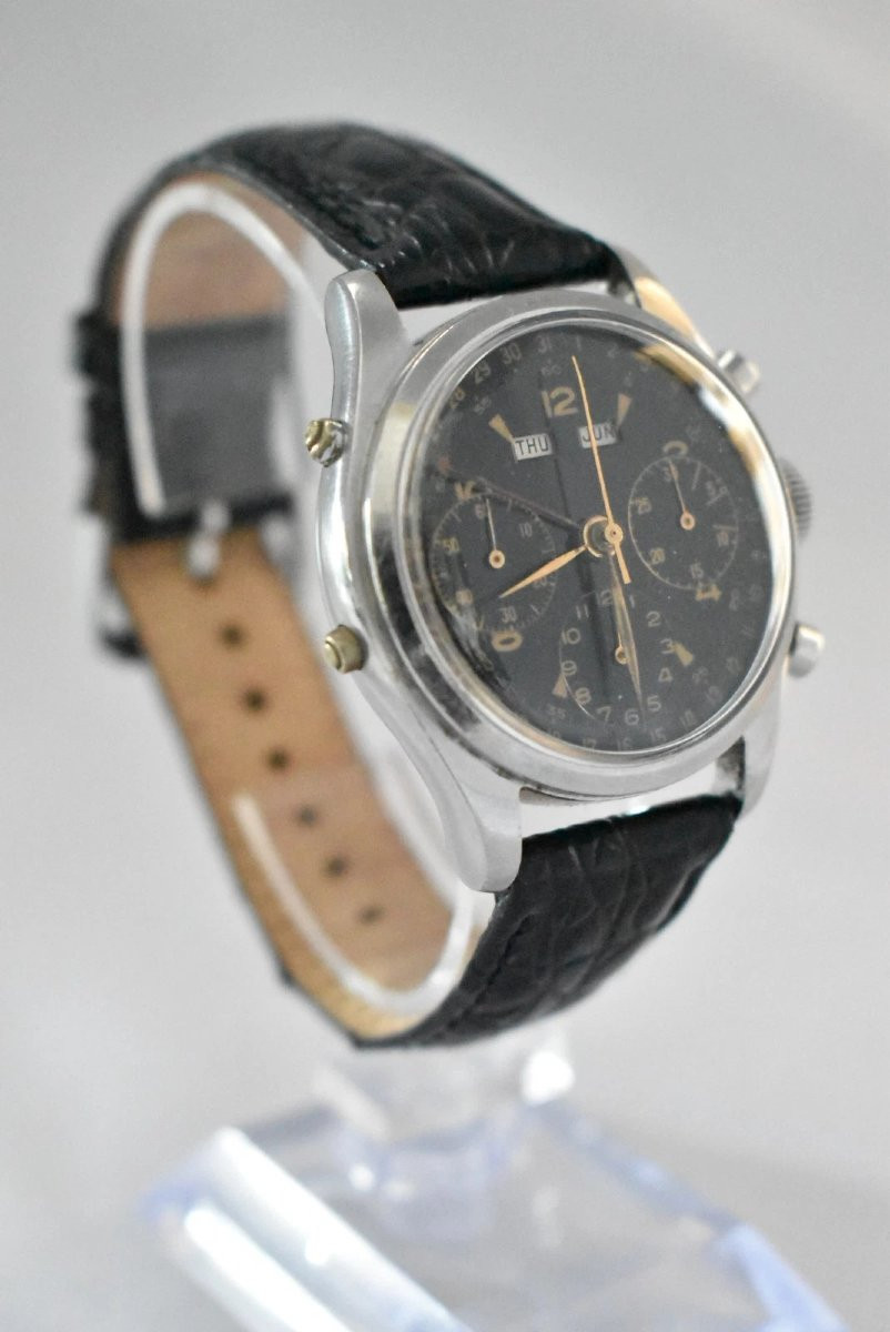 Montre-bracelet chronographe à triple calendrier vintage des années 1940, Valjoux 72, acier, 35-photo-2