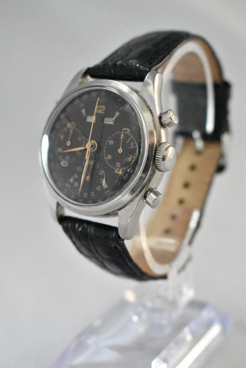 Montre-bracelet chronographe à triple calendrier vintage des années 1940, Valjoux 72, acier, 35-photo-3