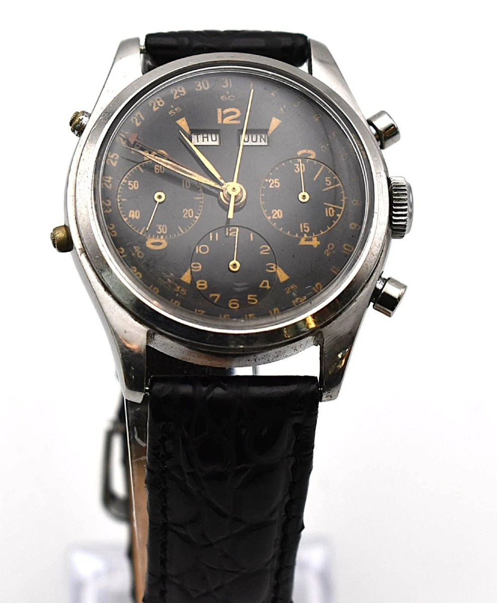 Montre-bracelet chronographe à triple calendrier vintage des années 1940, Valjoux 72, acier, 35-photo-1