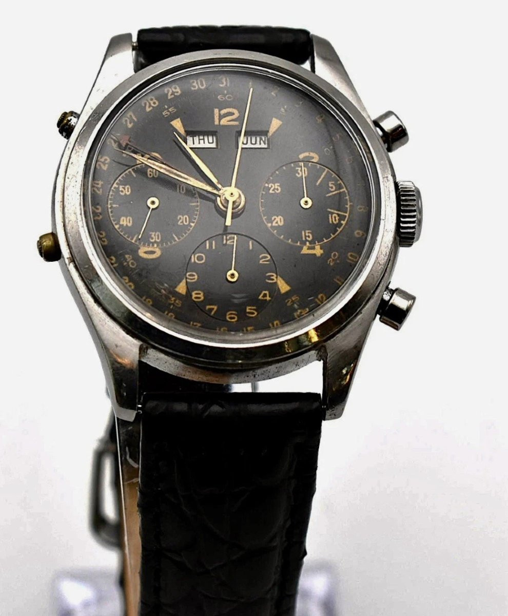 Montre-bracelet chronographe à triple calendrier vintage des années 1940, Valjoux 72, acier, 35-photo-8