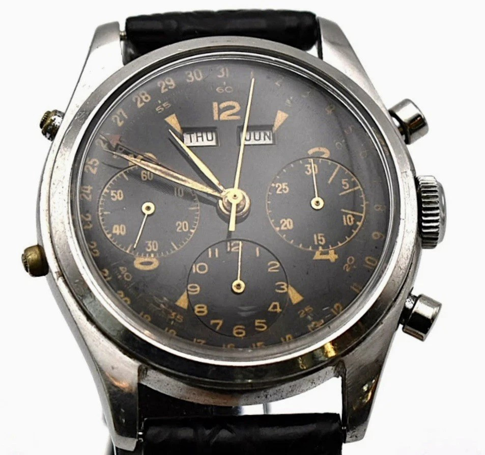 Montre-bracelet chronographe à triple calendrier vintage des années 1940, Valjoux 72, acier, 35