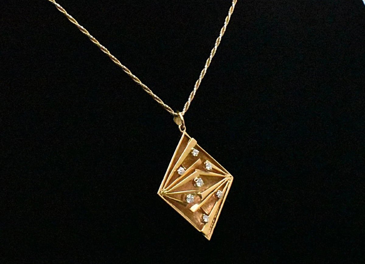 Pendentif en or 18 carats et diamants avec chaîne bicolore en or 14 carats, années 1960-photo-2