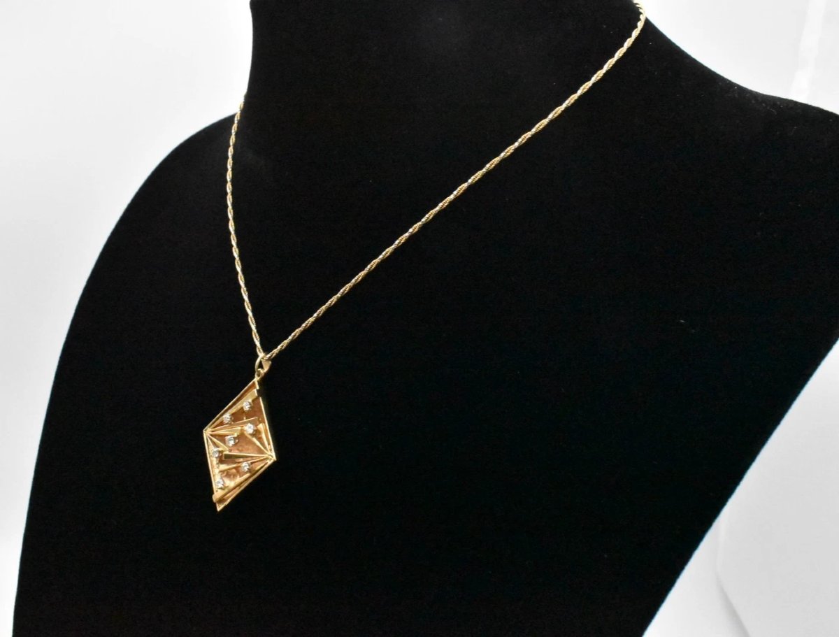 Pendentif en or 18 carats et diamants avec chaîne bicolore en or 14 carats, années 1960-photo-4