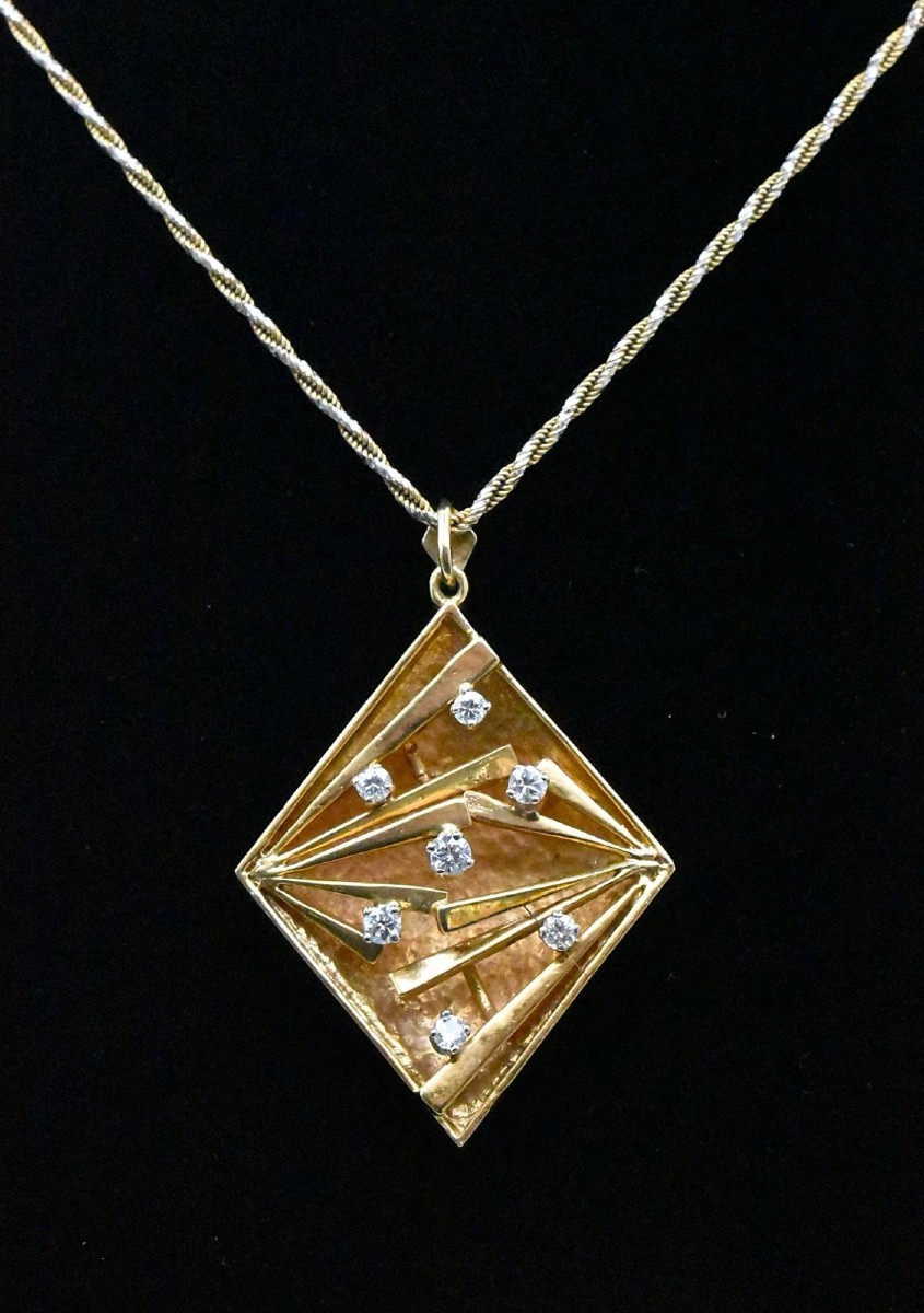 Pendentif en or 18 carats et diamants avec chaîne bicolore en or 14 carats, années 1960