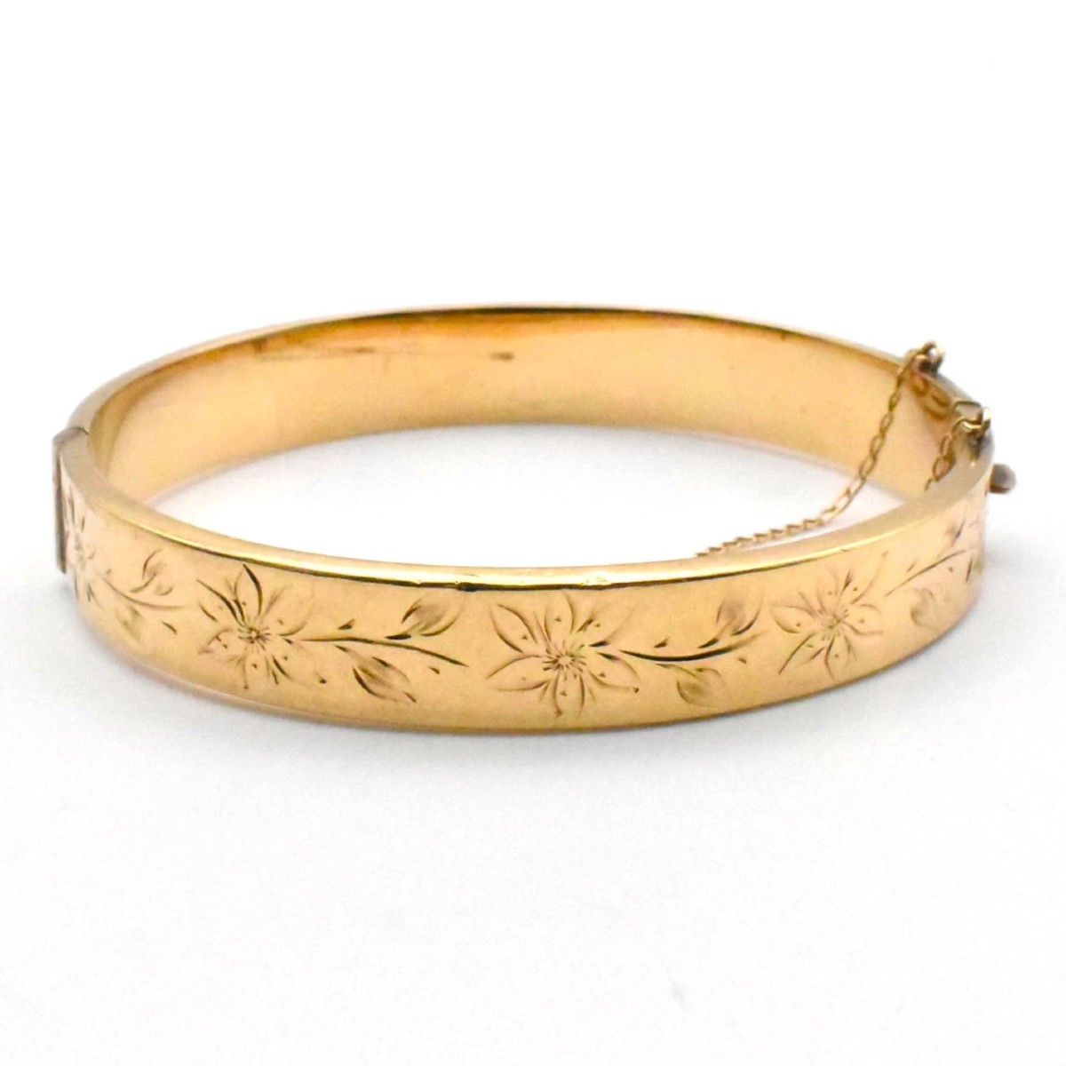 Bracelet jonc vintage en or jaune 9 carats, gravé de motifs floraux, à charnière, 11,9 grammes