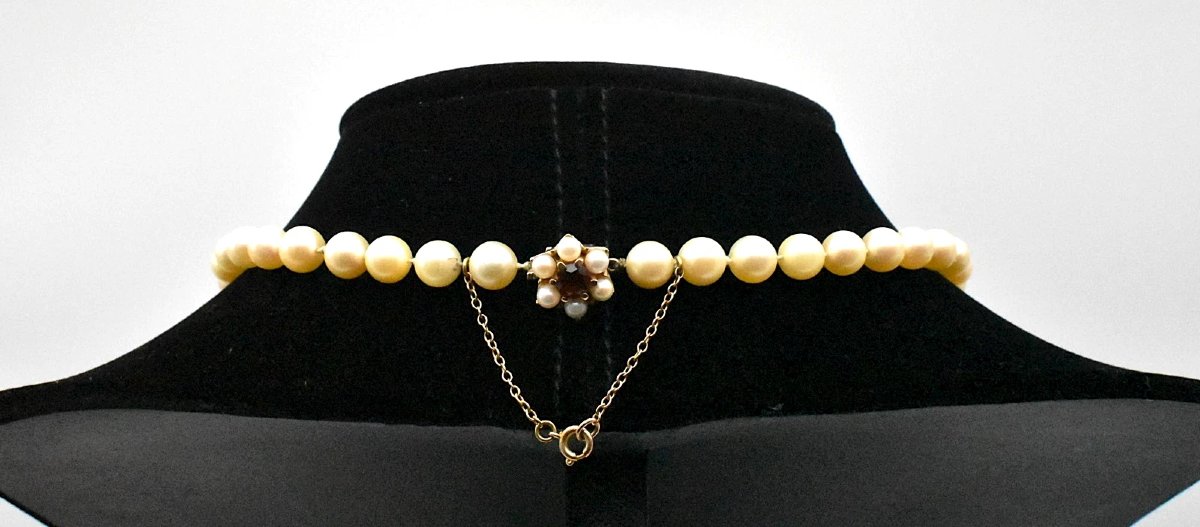 Collier de perles style milieu du siècle, 40 cm, 6 perles fines et fermoir rubis-photo-2