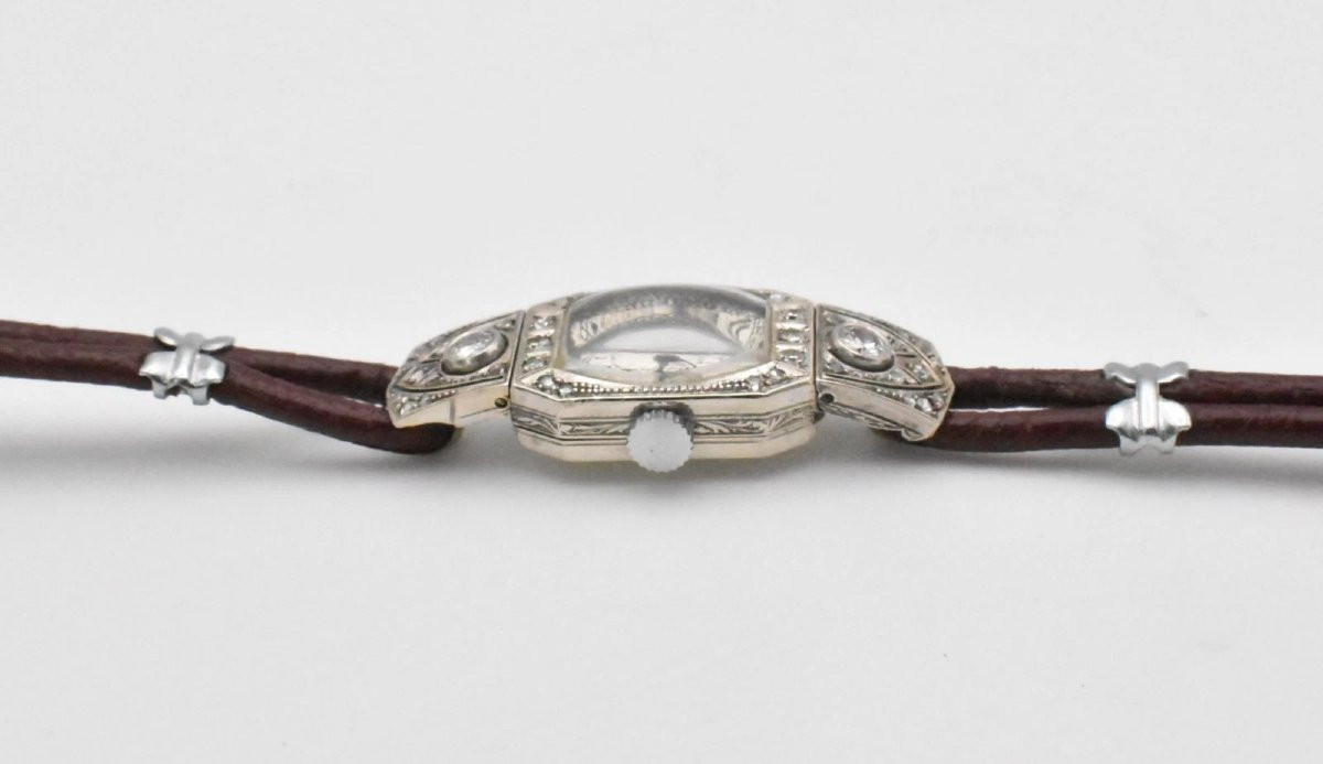 Montre cocktail Art Déco vintage Bucherer pour femme, en or blanc 14 carats et diamants-photo-3