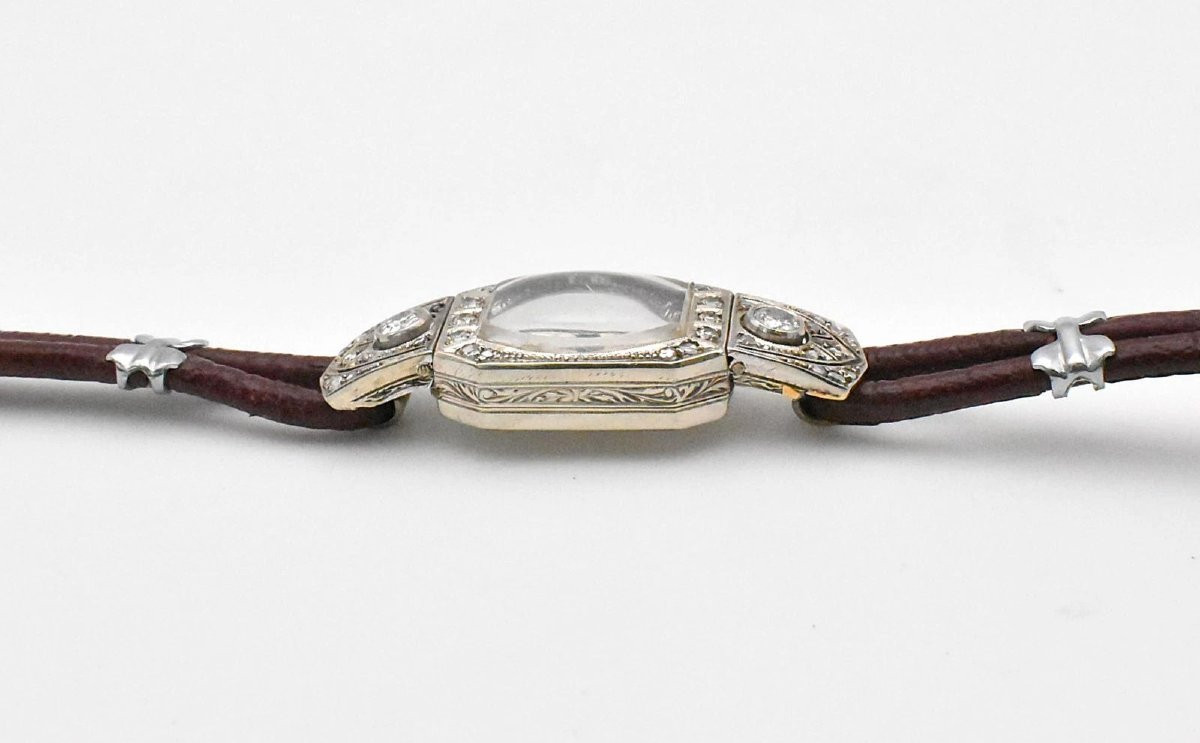 Montre cocktail Art Déco vintage Bucherer pour femme, en or blanc 14 carats et diamants-photo-4