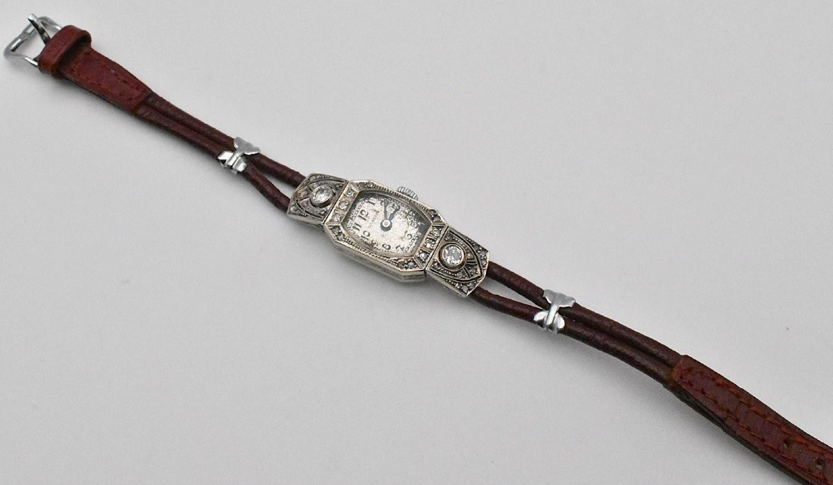 Montre cocktail Art Déco vintage Bucherer pour femme, en or blanc 14 carats et diamants-photo-5