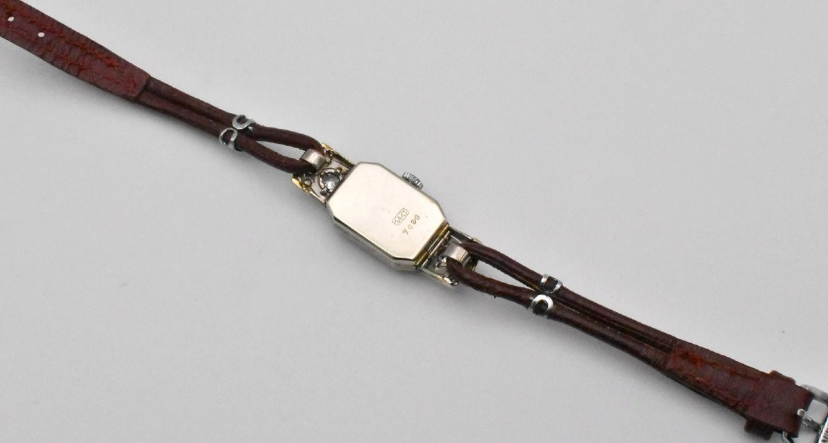 Montre cocktail Art Déco vintage Bucherer pour femme, en or blanc 14 carats et diamants-photo-6