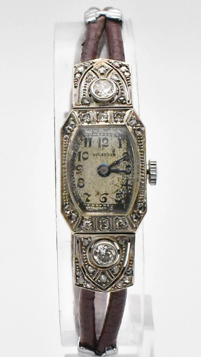 Montre cocktail Art Déco vintage Bucherer pour femme, en or blanc 14 carats et diamants