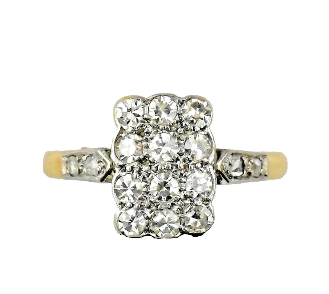 Bague ancienne de style édouardien sertie de diamants rectangulaires en or 18 carats et platine