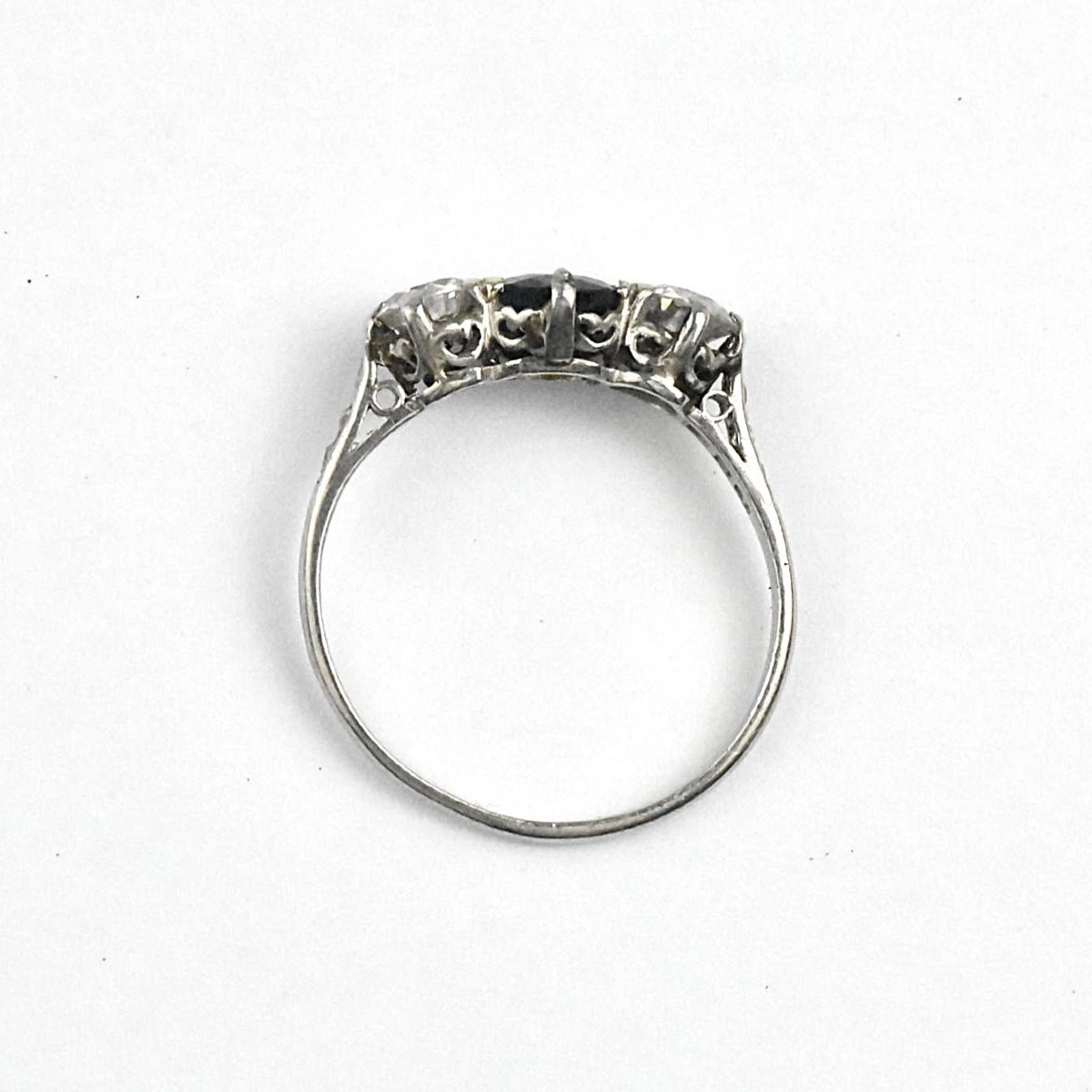 Antique Edwardian White Claw Set Three Stone 1ct Sapphire & 0.75ct Diamond Ring-photo-2