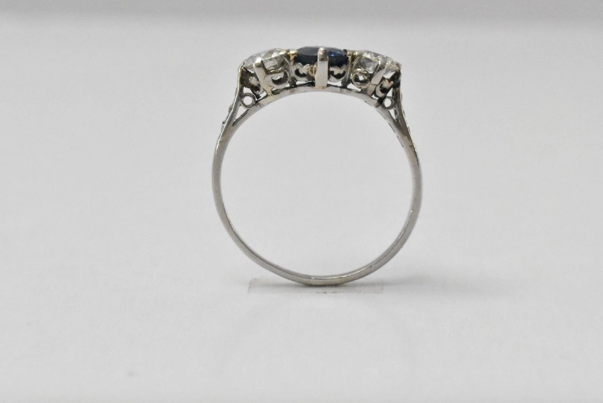 Antique Edwardian White Claw Set Three Stone 1ct Sapphire & 0.75ct Diamond Ring-photo-3