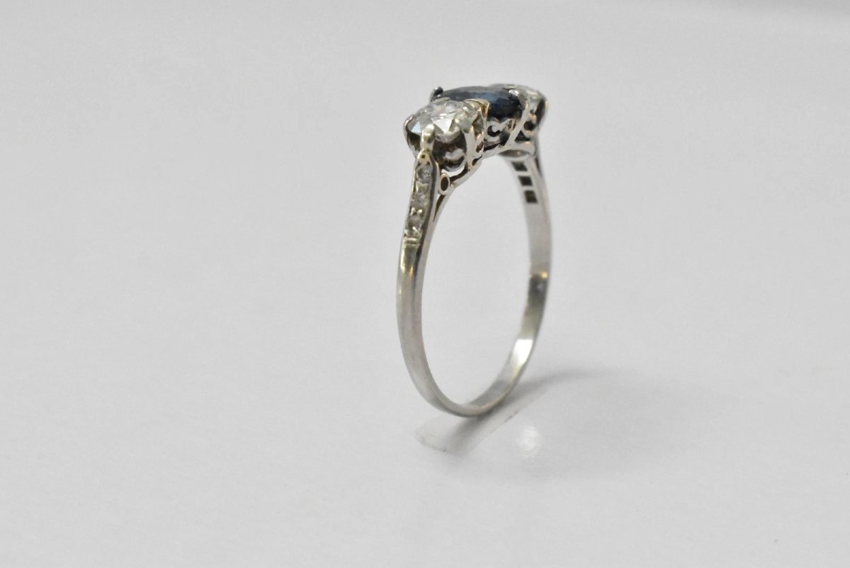 Antique Edwardian White Claw Set Three Stone 1ct Sapphire & 0.75ct Diamond Ring-photo-4