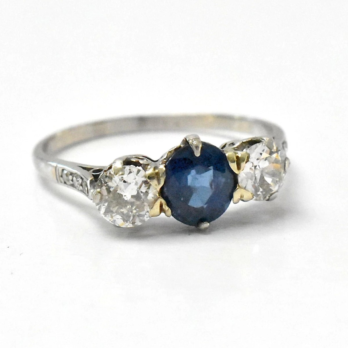 Antique Edwardian White Claw Set Three Stone 1ct Sapphire & 0.75ct Diamond Ring