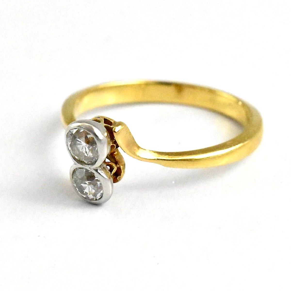 Antique Edwardian Platinum Set 2 Stone Old Cut Diamond 18ct Gold Crossover Ring-photo-2