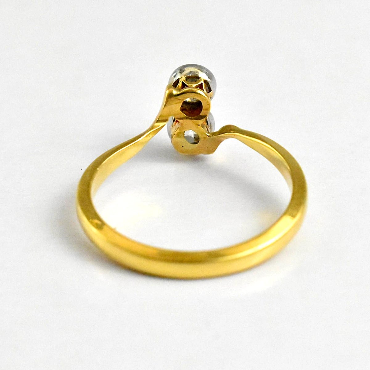 Antique Edwardian Platinum Set 2 Stone Old Cut Diamond 18ct Gold Crossover Ring-photo-4