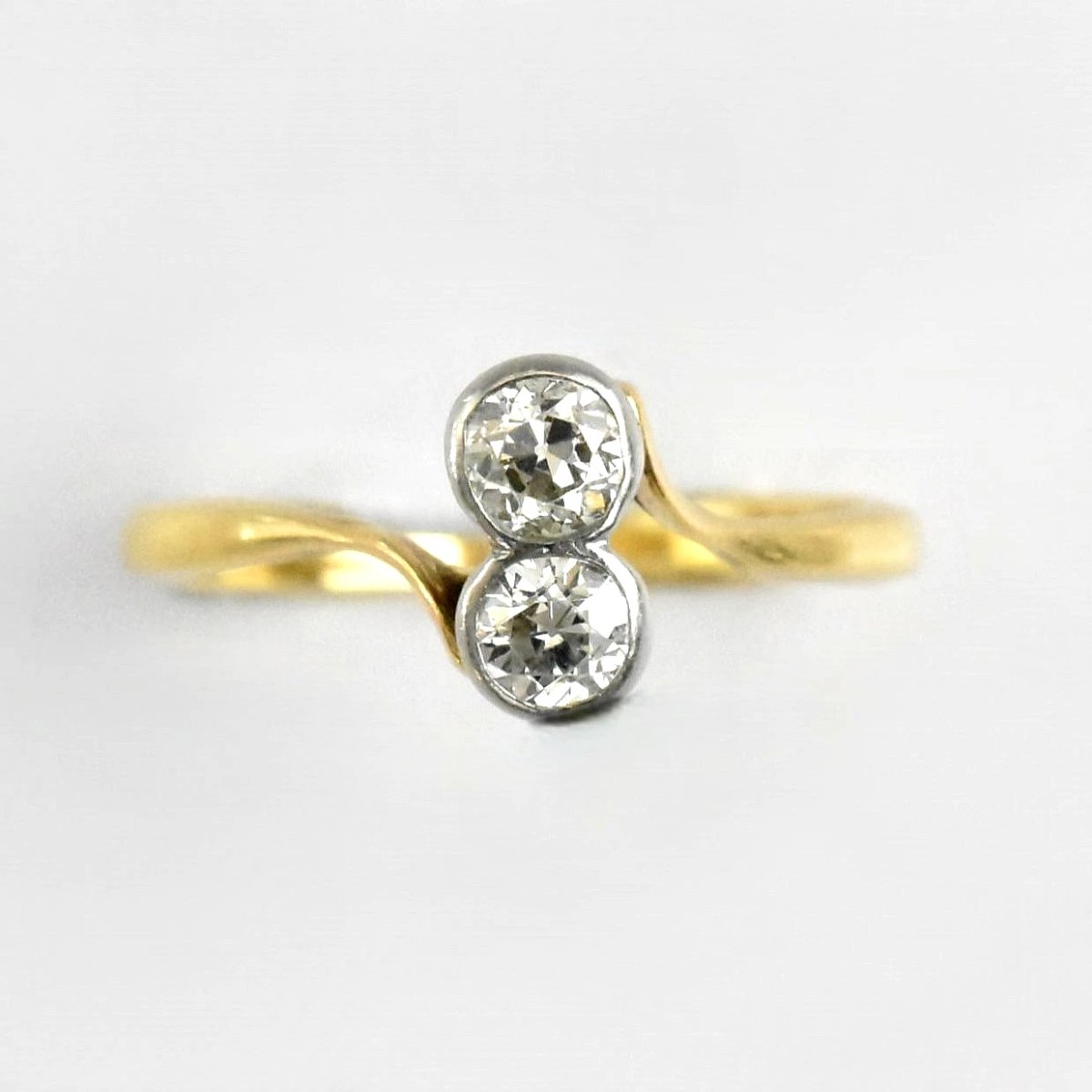 Antique Edwardian Platinum Set 2 Stone Old Cut Diamond 18ct Gold Crossover Ring-photo-2