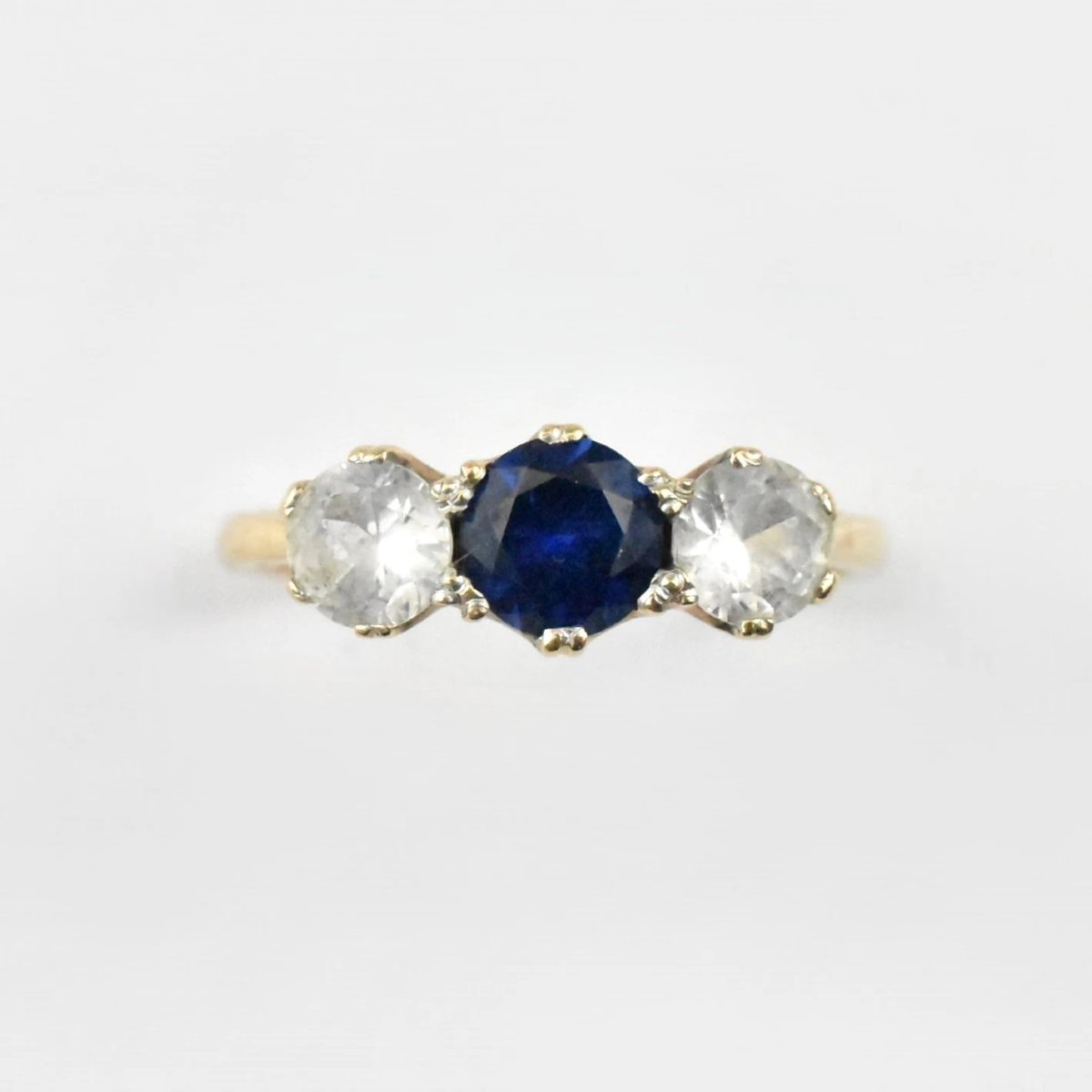 Vintage Mid-century 9ct Gold 3-stone Ring One Blue & Two White Synthetic Stones-photo-2