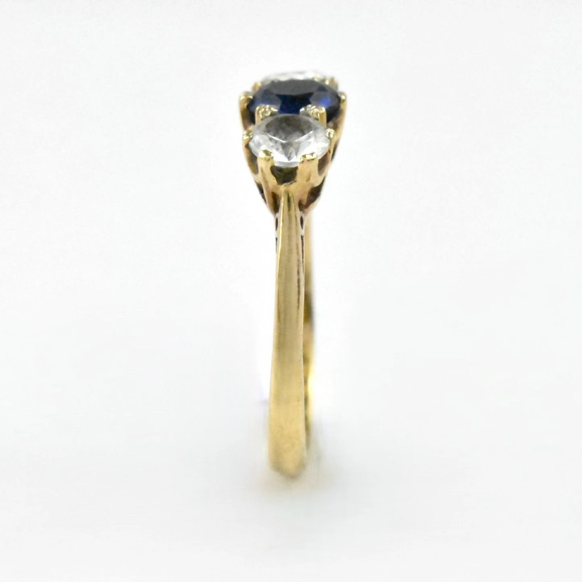 Vintage Mid-century 9ct Gold 3-stone Ring One Blue & Two White Synthetic Stones-photo-4