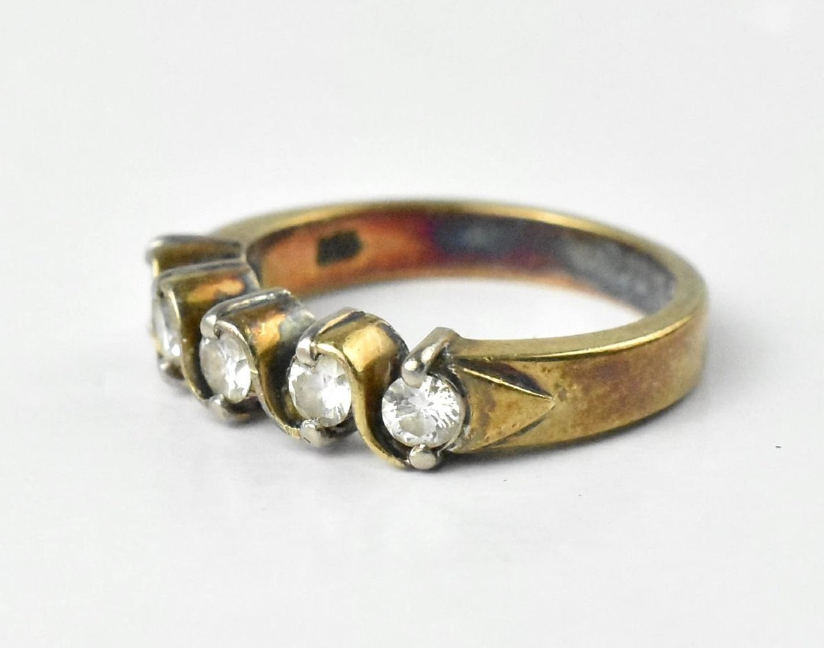 Bague demi-anneau vintage en or blanc et jaune 14 carats, en forme de « S », sertie d'un diaman-photo-2