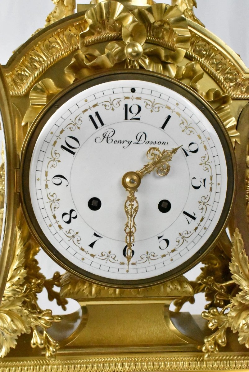  Huge Henry Dasson French Gilt Bronze Clock Set & 10 Light Canelabras-photo-3