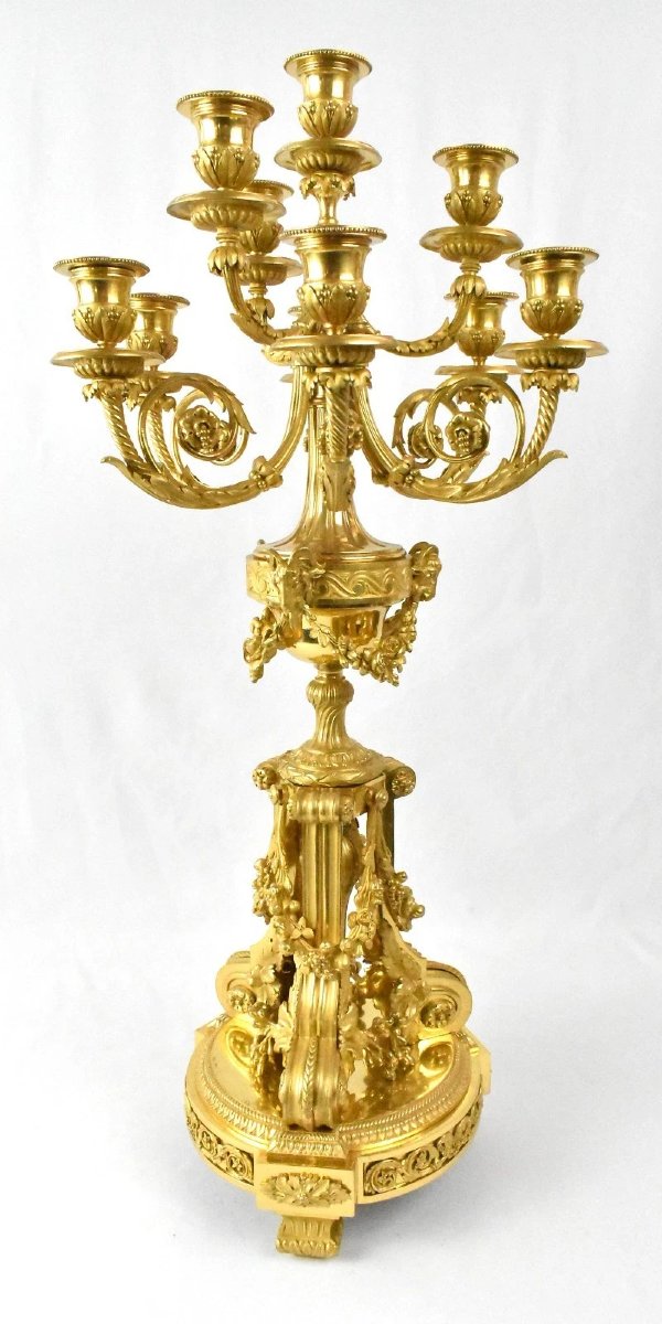 Huge Henry Dasson French Gilt Bronze Clock Set & 10 Light Canelabras-photo-2