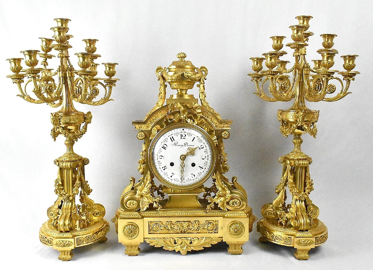  Huge Henry Dasson French Gilt Bronze Clock Set & 10 Light Canelabras