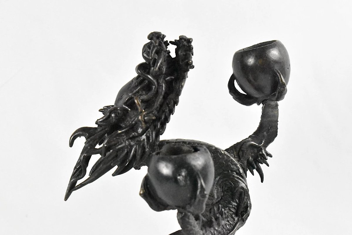 Vase Usubata japonais en bronze avec deux porte-bougies en forme de dragon et dragon-photo-4