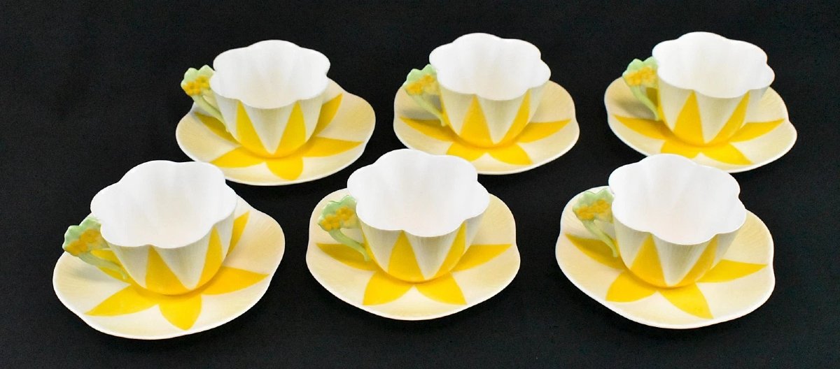 1932 Rare Shelley Tea/coffee Set In Yellow "star Flower" Or "harlequin" Pattern.-photo-2