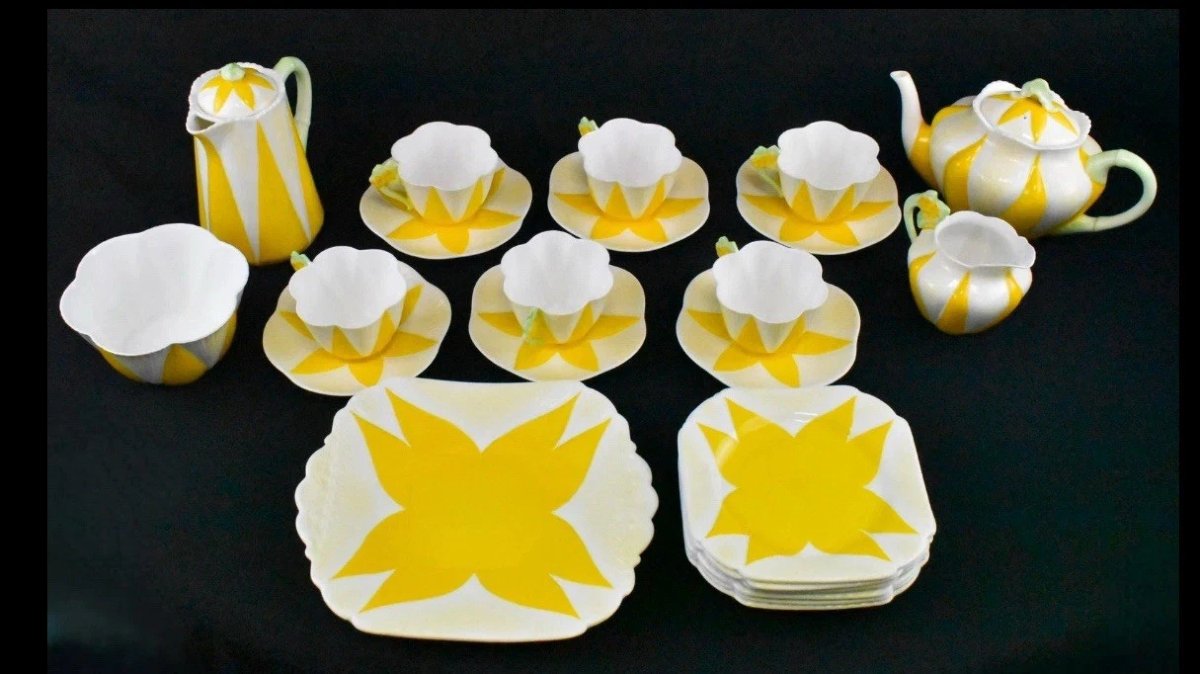 1932 Rare Shelley Tea/coffee Set In Yellow "star Flower" Or "harlequin" Pattern.-photo-3
