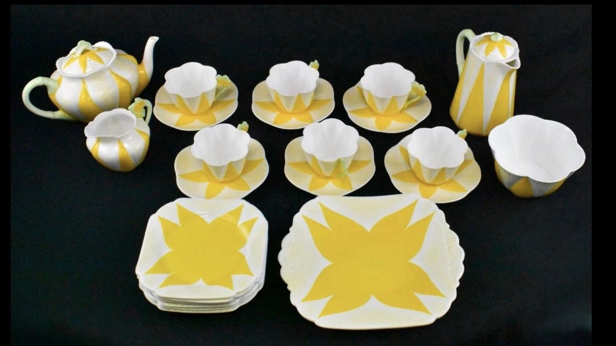 1932 Rare Shelley Tea/coffee Set In Yellow "star Flower" Or "harlequin" Pattern.-photo-8