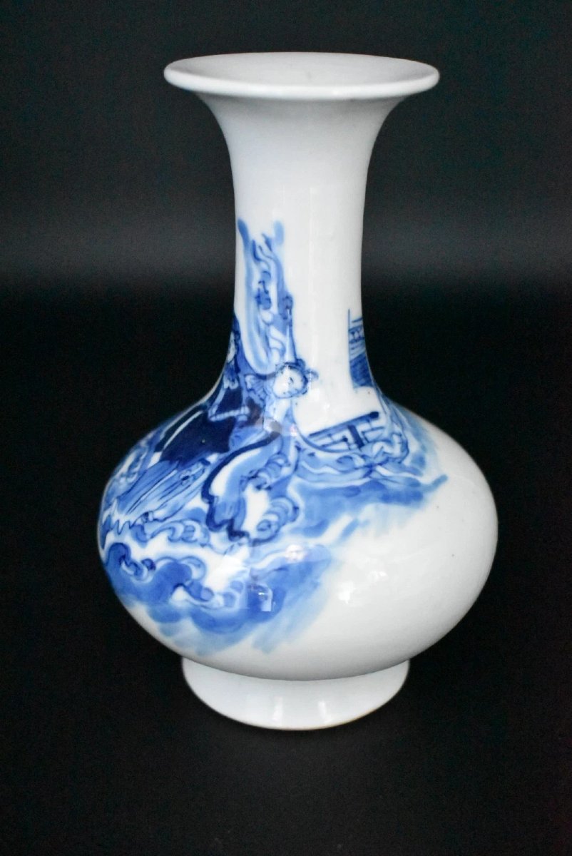 Vase bouteille en porcelaine bleue et blanche de Chine à col évasé-photo-2