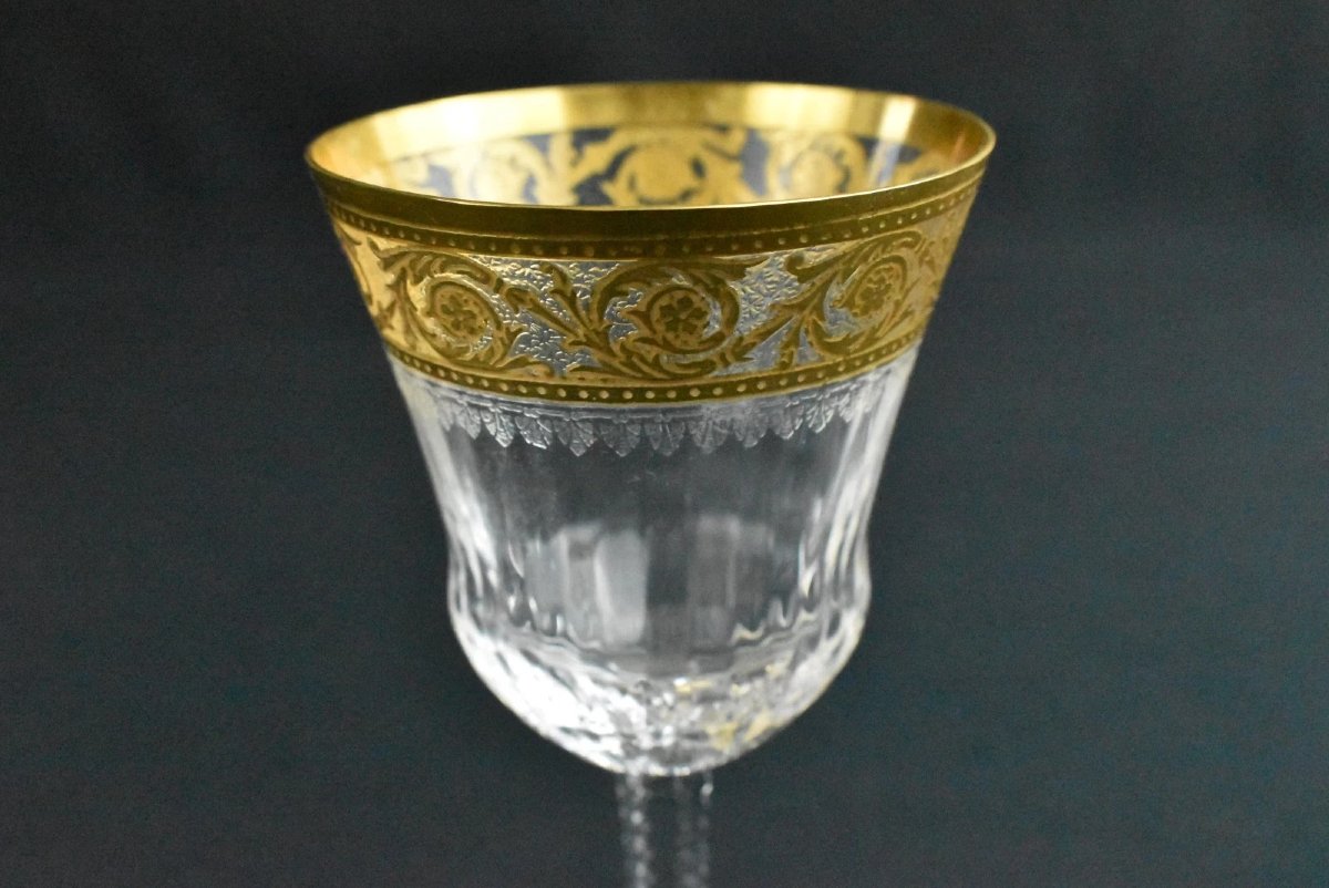 Set Of 8 Saint-louis "thistle Gold" French Crystal Liqueur/sherry Glasses 24ct-photo-3