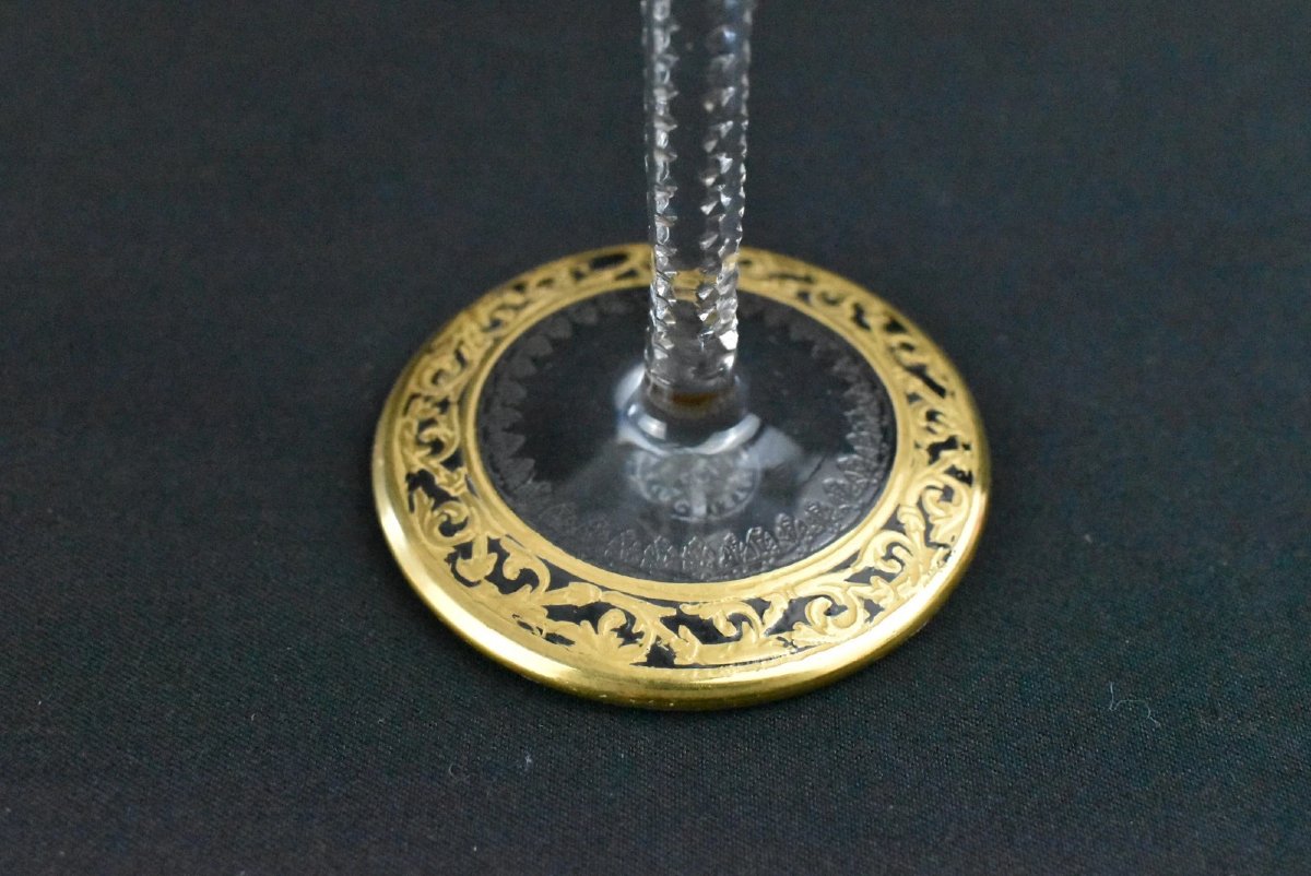 Set Of 8 Saint-louis "thistle Gold" French Crystal Liqueur/sherry Glasses 24ct-photo-1