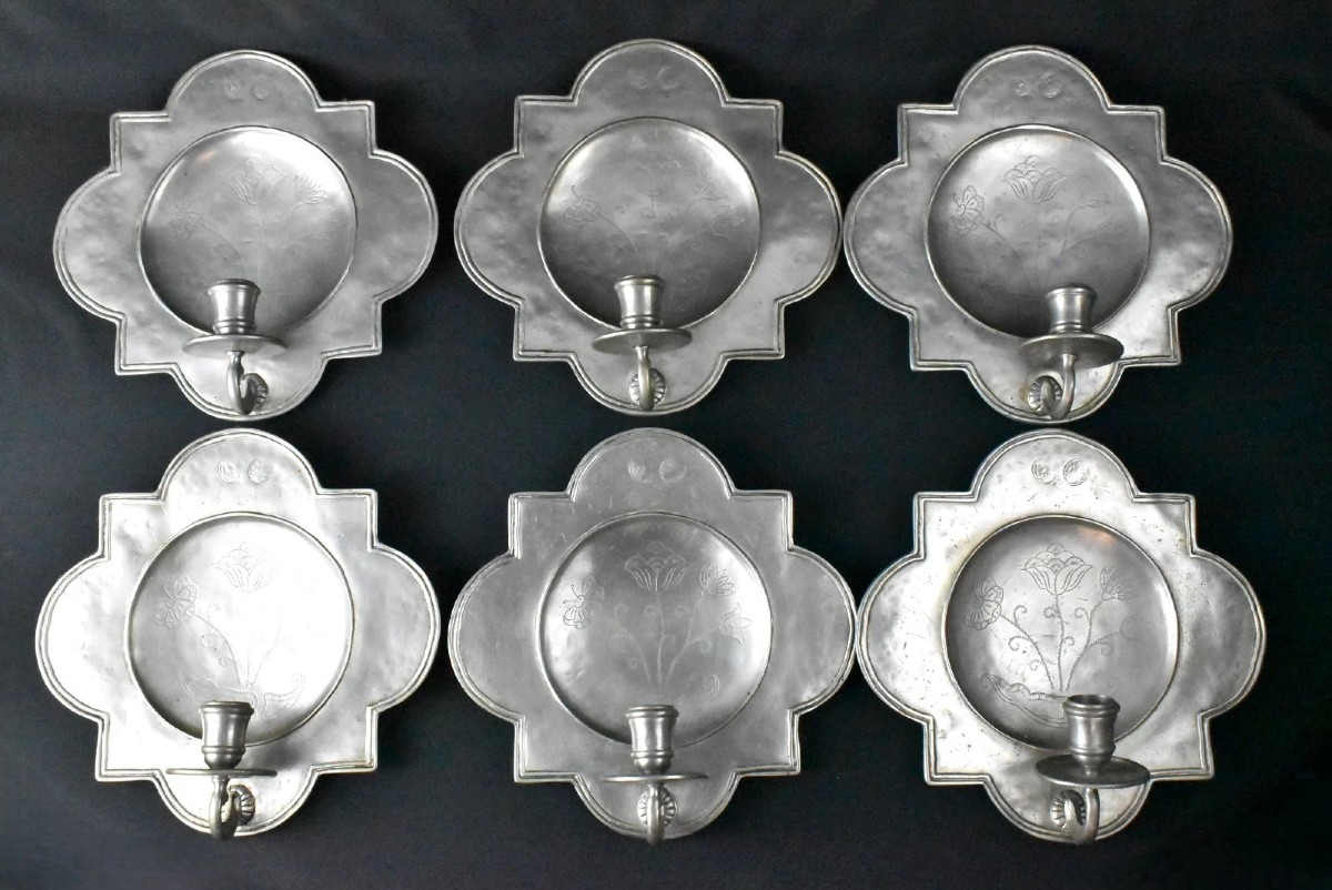 Set Of Six Vintage Pewter Quatrefoil Cross In Square Wall Sconce Candle Holders