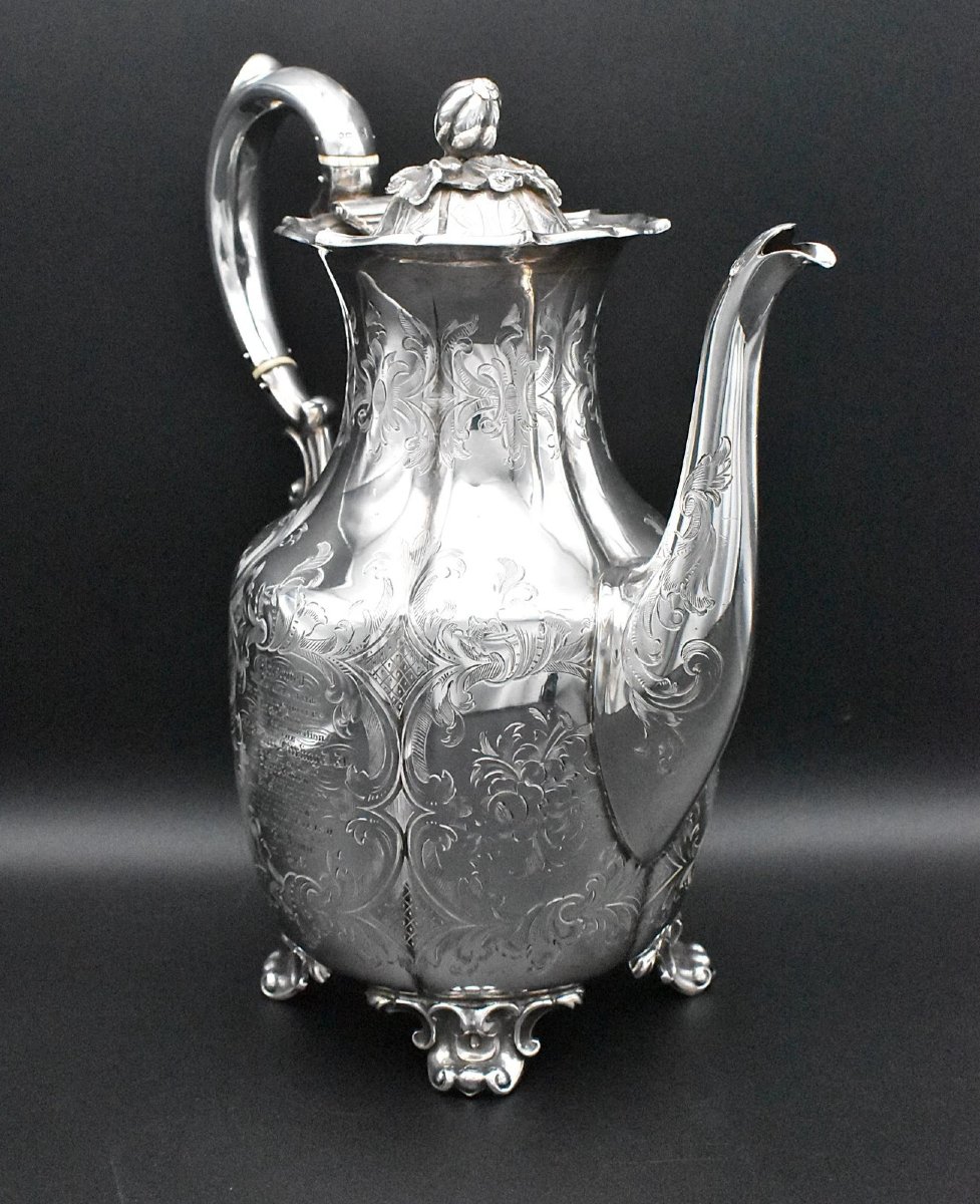 Cafetière/théière victorienne en argent massif ornée, datée de 1849 et gravée.-photo-2