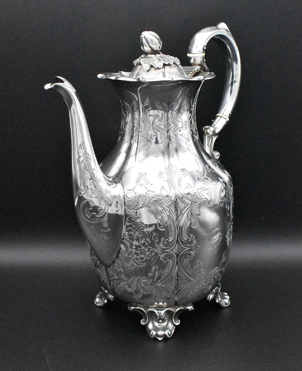 Cafetière/théière victorienne en argent massif ornée, datée de 1849 et gravée.-photo-3