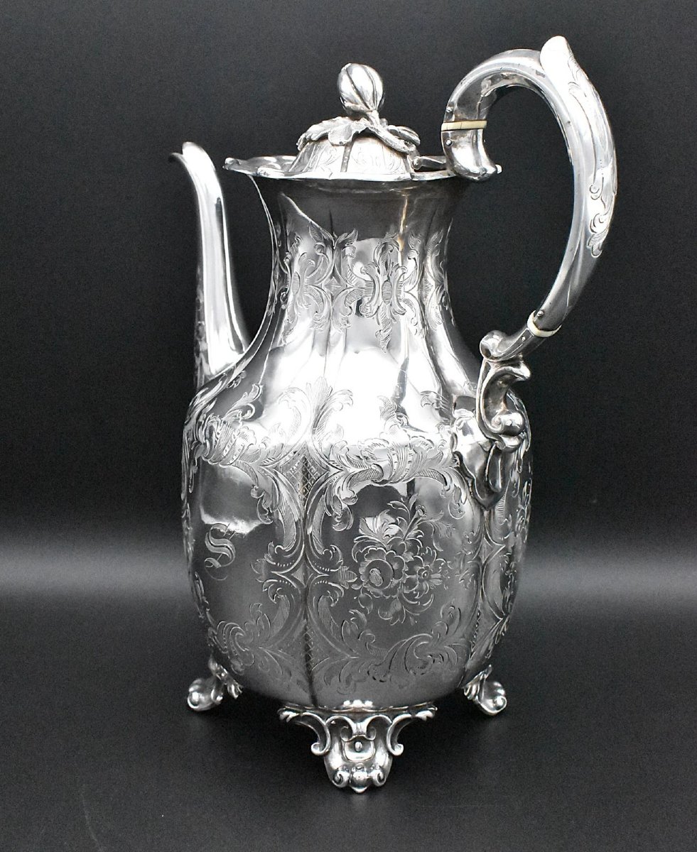 Cafetière/théière victorienne en argent massif ornée, datée de 1849 et gravée.-photo-4