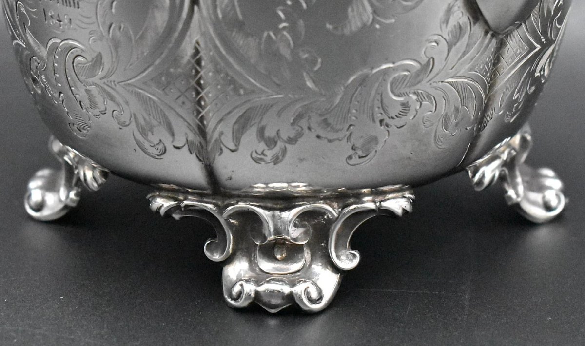 Cafetière/théière victorienne en argent massif ornée, datée de 1849 et gravée.-photo-3