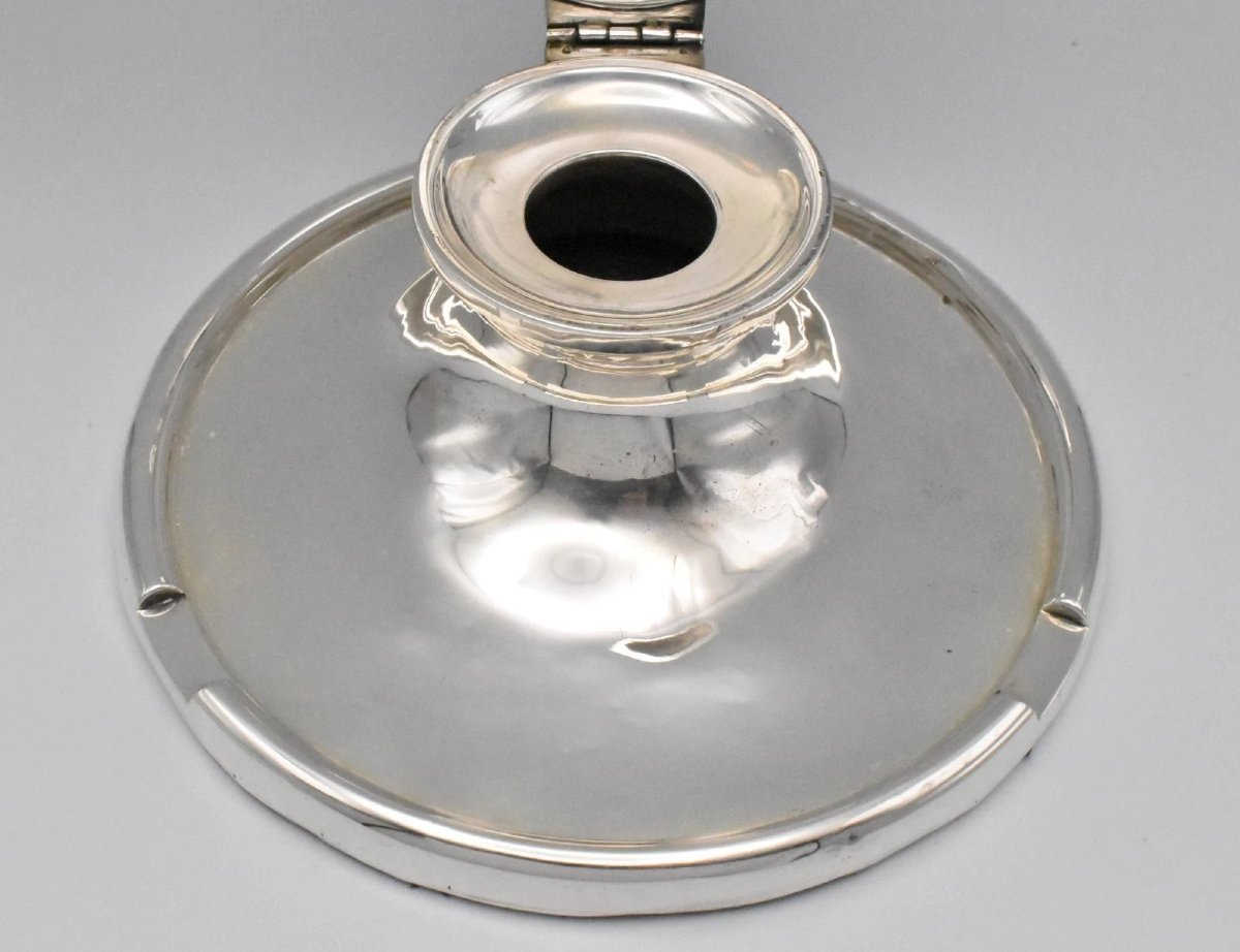 Edwardian Capstan-shaped Desk Inkwell With Pocket Watch / Clock Sterling Silver-photo-1