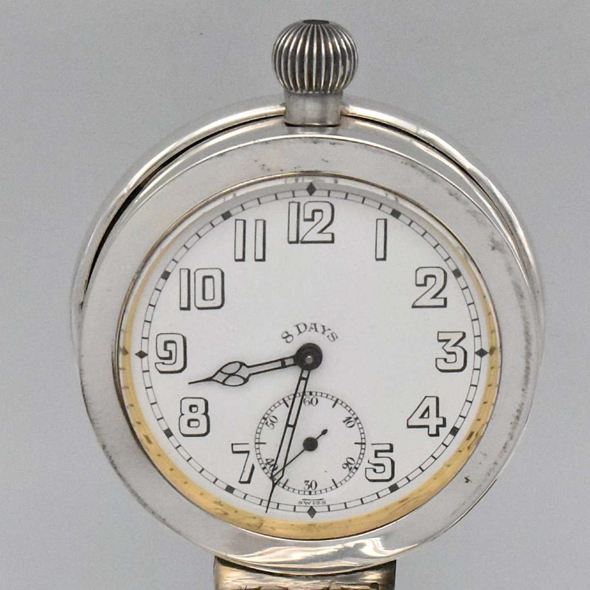 Edwardian Capstan-shaped Desk Inkwell With Pocket Watch / Clock Sterling Silver-photo-2