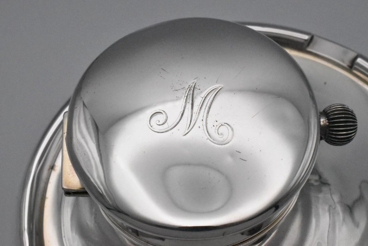 Edwardian Capstan-shaped Desk Inkwell With Pocket Watch / Clock Sterling Silver-photo-3