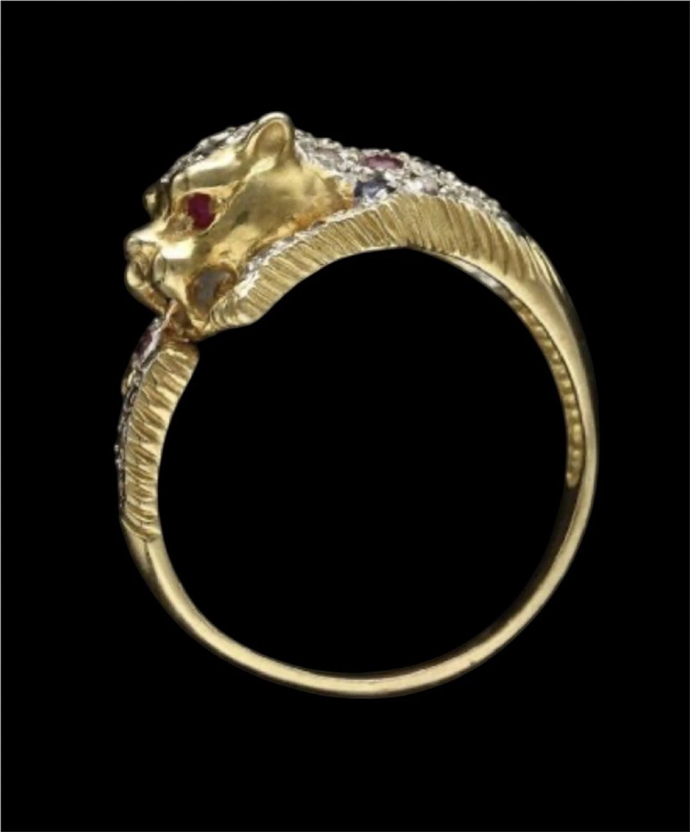 Bague vintage en or massif 18 carats sertie de diamants, ornée d'une panthère et d'un léopard-photo-4