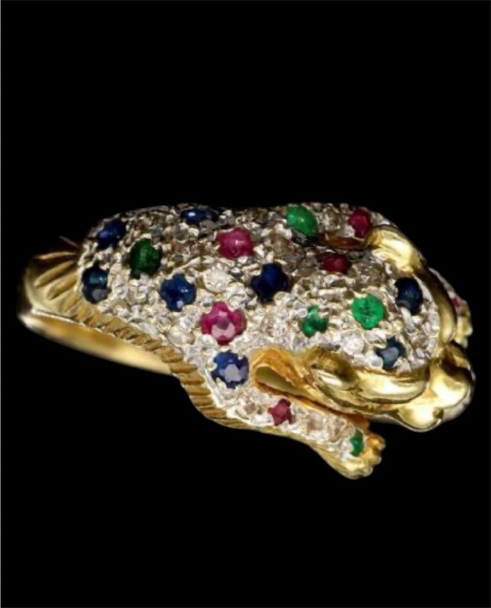 Bague vintage en or massif 18 carats sertie de diamants, ornée d'une panthère et d'un léopard-photo-7