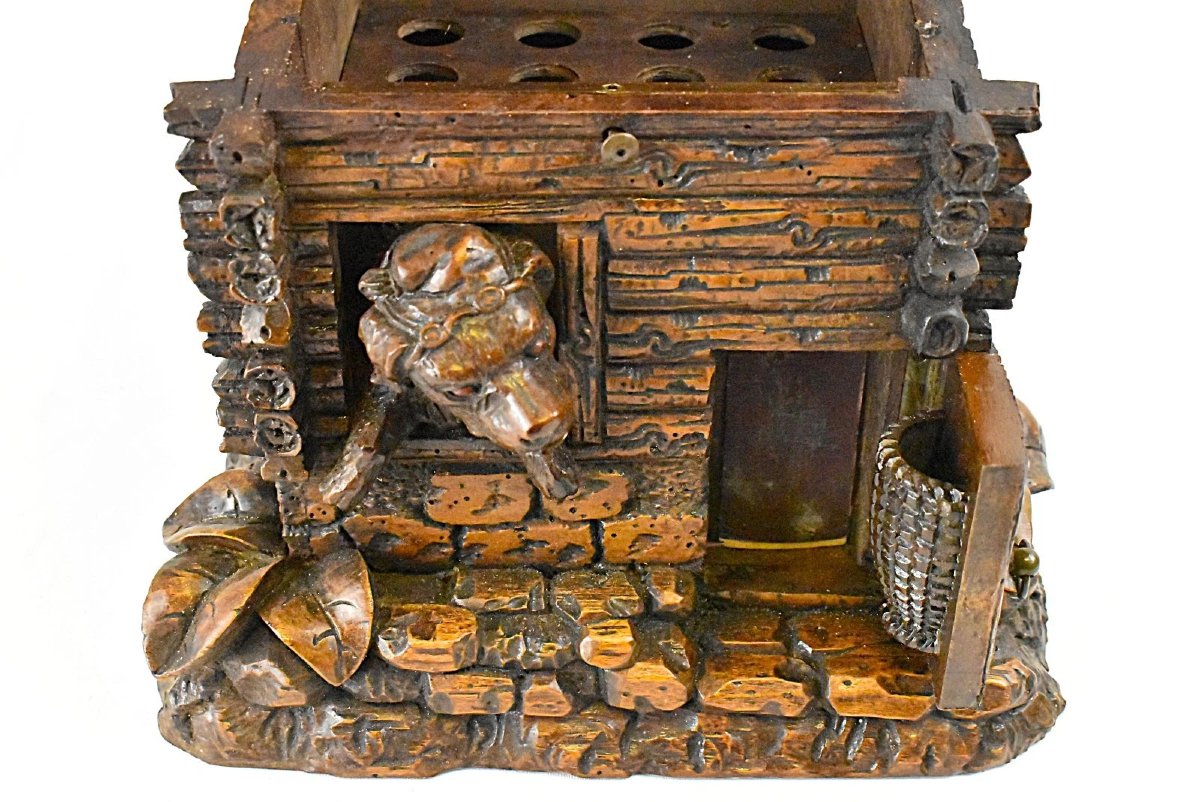 Cave à cigares ancienne en bois sculpté à la main, Forêt-Noire, vers le XIXe siècle.-photo-4