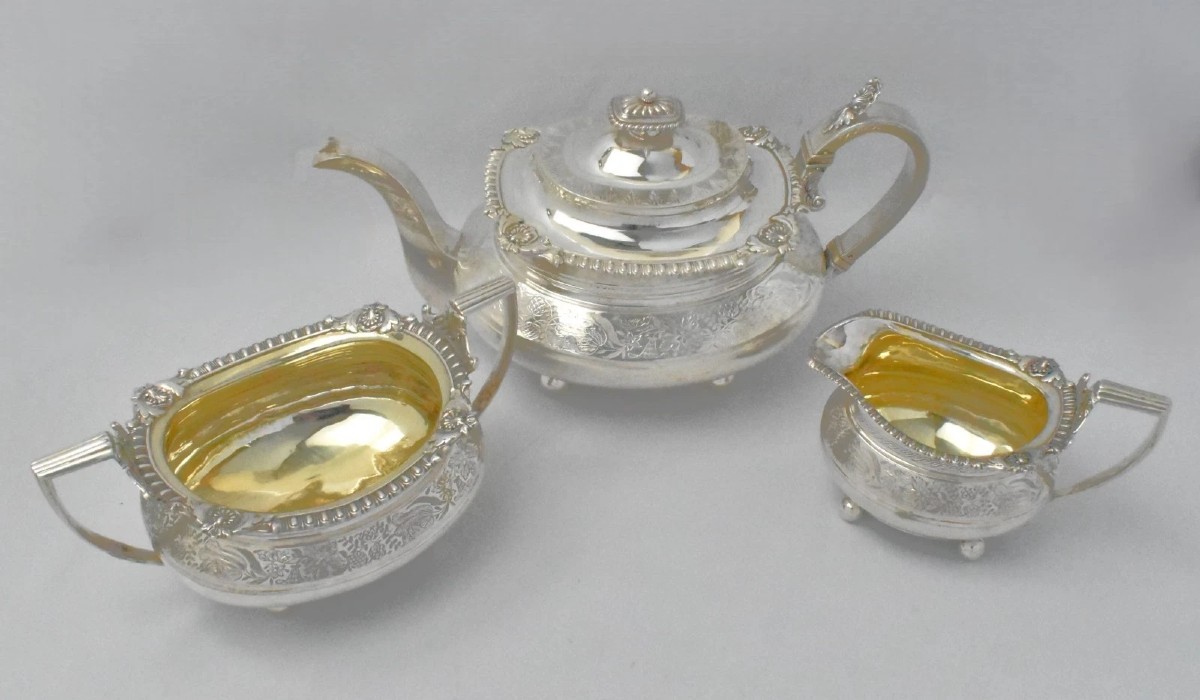 John Walton Of Newcaste Hm 1842 Victorian Engraved Solid Silver 3-piece Tea Set